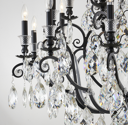 3 Tier Matte Black Chandelier with Clear Hanging Crystals
