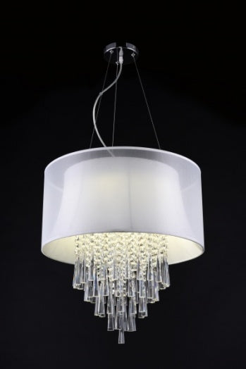 White Drum Shade Light Fixture with Clear Crystal Drops