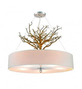 White Drum Shade Chandelier with Bronze Resin Branch Accent