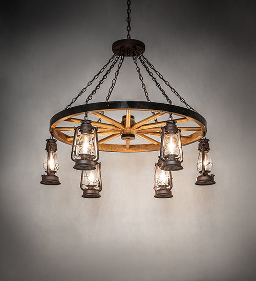 Miners Lantern Wagon Wheel 6 Light Chandelier