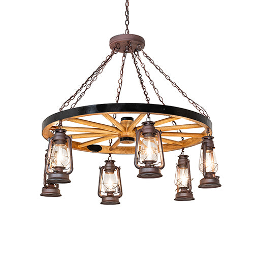 Miners Lantern Wagon Wheel 6 Light Chandelier