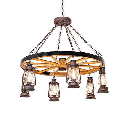 Miners Lantern Wagon Wheel 6 Light Chandelier
