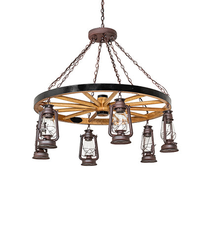 Miners Lantern Wagon Wheel 6 Light Chandelier