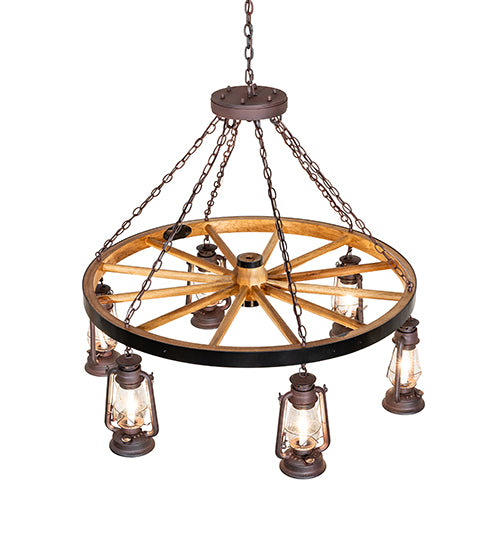 Miners Lantern Wagon Wheel 6 Light Chandelier