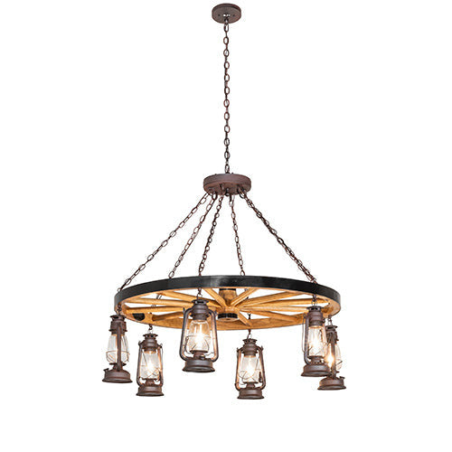 Miners Lantern Wagon Wheel 6 Light Chandelier
