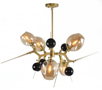 Gold Aluminum Chandelier with Amber & Black Glass Accents
