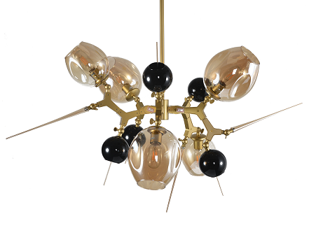 Gold Aluminum Chandelier with Amber & Black Glass Accents