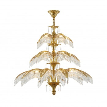 Three-Tier Solid Copper Palm Tree Chandelier with Prism Crystals