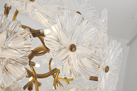 Antique Bronze Branch Chandelier with Hand-Blown Glass Flowers