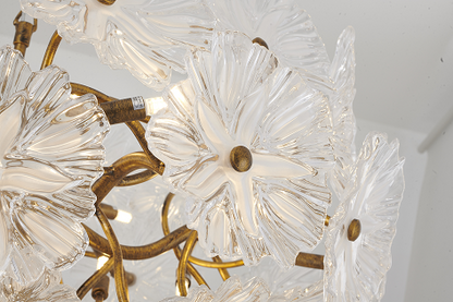 Antique Bronze Branch Chandelier with Hand-Blown Glass Flowers