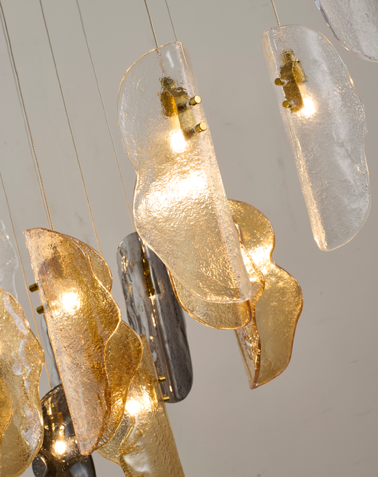 Brass Metal Frame Chandelier with Clear, Smoke, and Amber Glass Pendants
