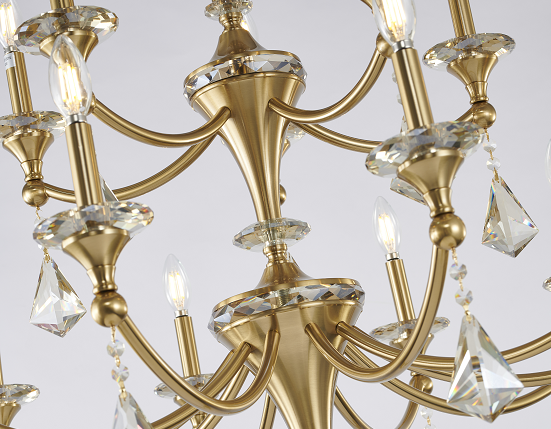 Two-Tier Satin Brass Frame with Champagne Hanging Crystals Accents