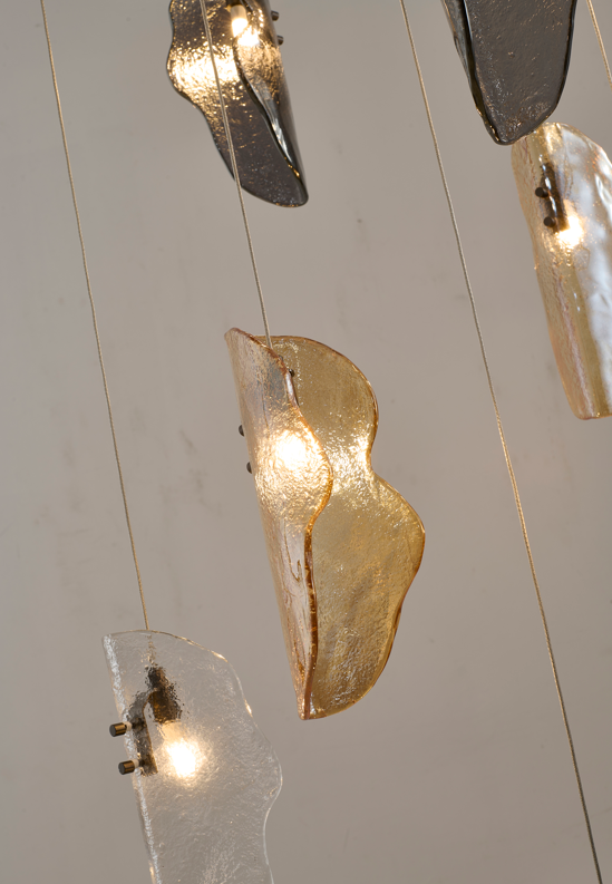 Black Metal Frame Chandelier with Clear, Smoke, and Amber Glass Pendants