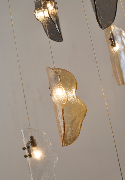 Black Metal Frame Chandelier with Clear, Smoke, and Amber Glass Pendants