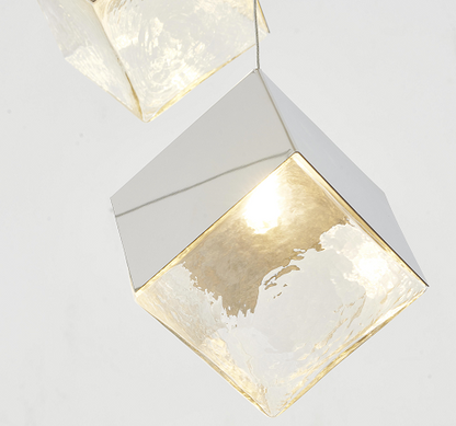 Round Chrome Frame With Hanging Cubed Clear Distorted Glass Pendants