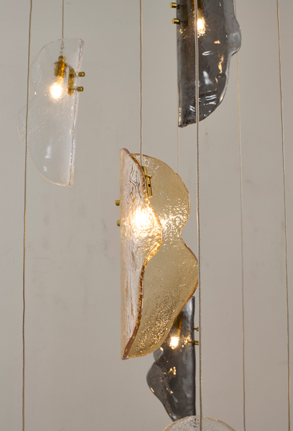 Brass Metal Frame Chandelier with Clear, Smoke, and Amber Glass Pendants