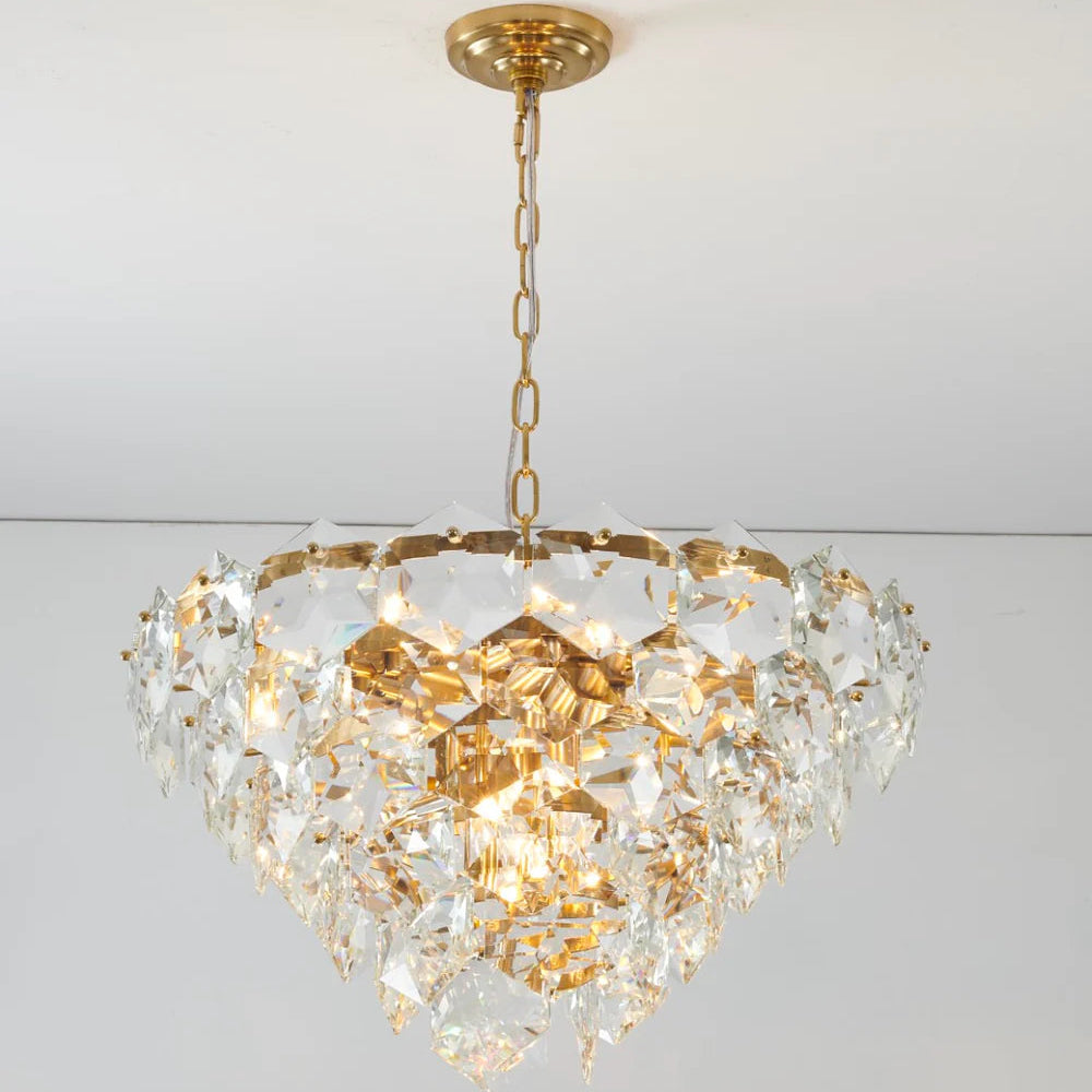 Gold Chandelier with Adjustable Steel Frame & Stunning Clear Hanging Crystals
