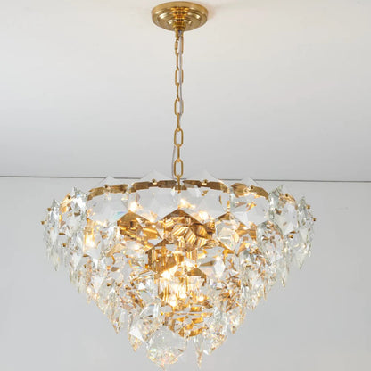 Gold Chandelier with Adjustable Steel Frame & Stunning Clear Hanging Crystals