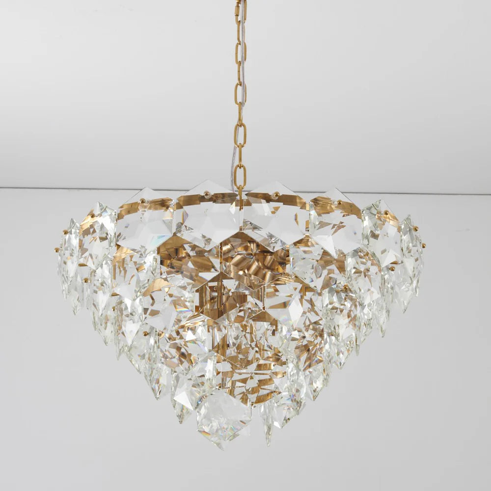 Gold Chandelier with Adjustable Steel Frame & Stunning Clear Hanging Crystals