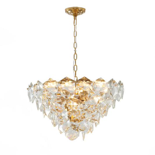 Gold Chandelier with Adjustable Steel Frame & Stunning Clear Hanging Crystals