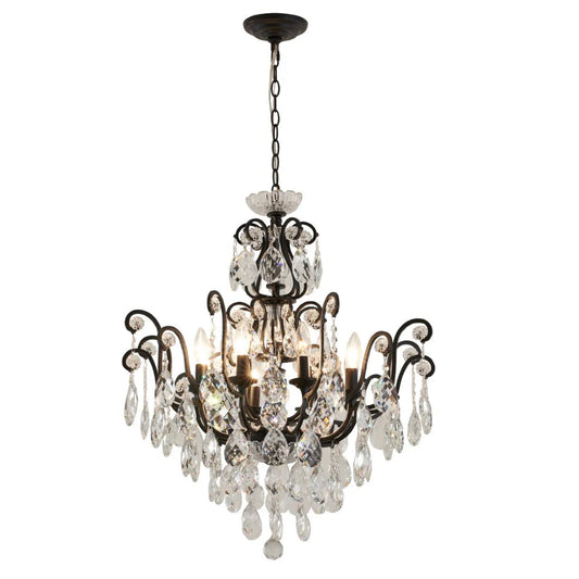 Matte Black Chandelier with Clear Hanging Crystals & Glass Accents