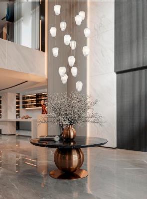 Round Chrome Flushed Chandelier with Hanging White Glass Pendants